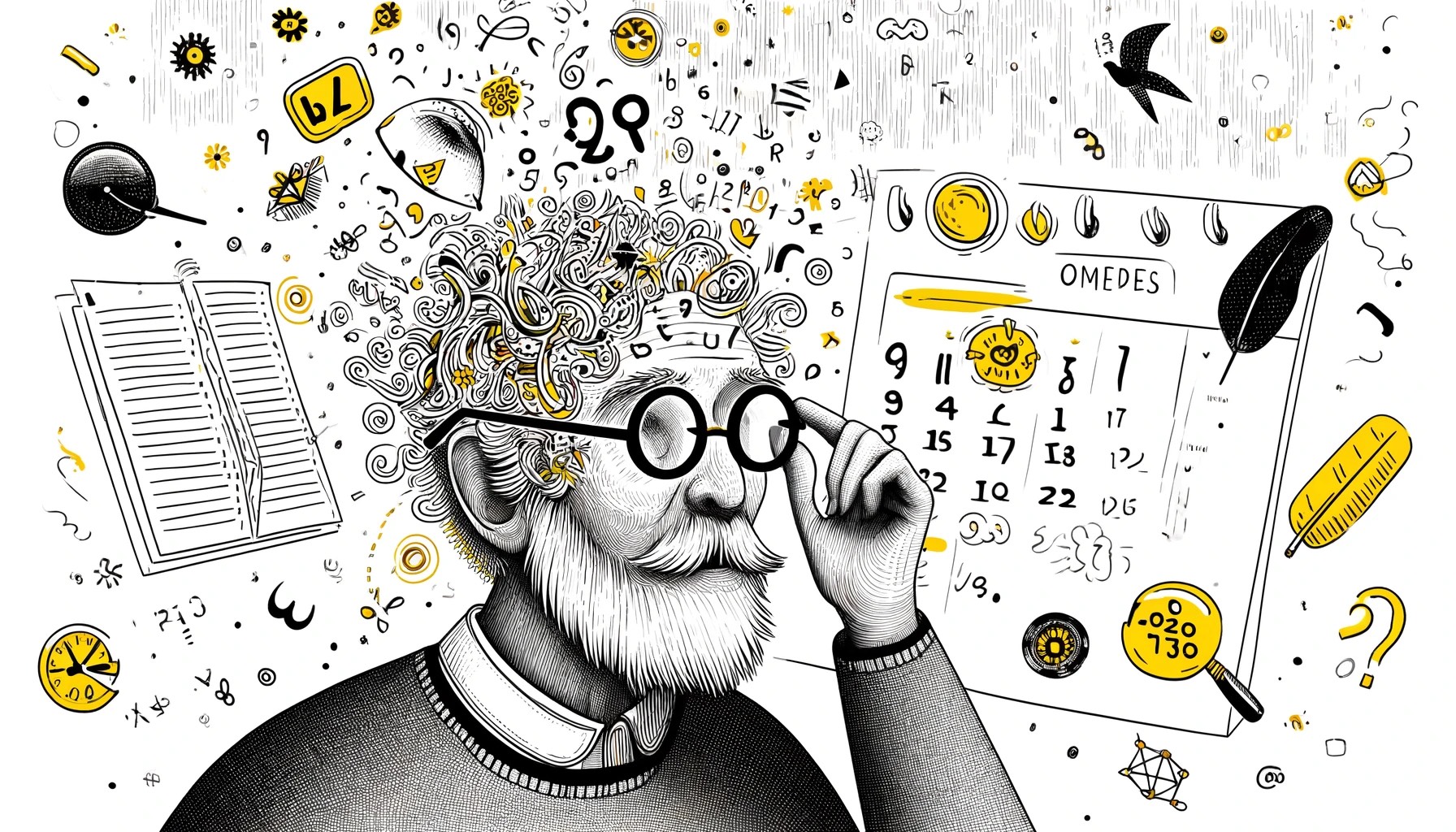 Schwarz-Weiß-Zeichnung eines älteren Mannes, der spielerisch nach seiner Brille auf seinem Kopf sucht, umgeben von schwebenden Wörtern, Zahlen und Daten in Unordnung, die seinen Kampf mit dem Gedächtnis symbolisieren. Ein Kalender mit gelb markierten Daten betont den Hintergrund, was auf Probleme mit der Zeitwahrnehmung hinweist