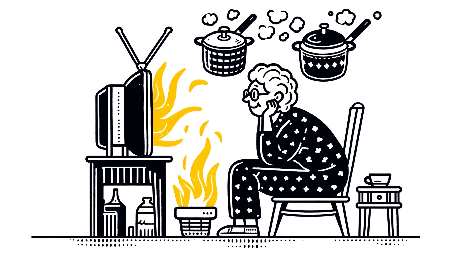 Landschaftszeichnung einer älteren Frau in der mittleren Phase der Demenz, fasziniert von einem brennenden Fernseher, während das Essen auf dem Herd steht. Die verwirrende Zeichnung symbolisiert die Verwirrung in ihrem Kopf.