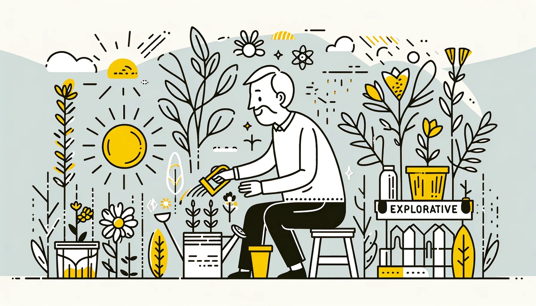 Eine ältere Person in einem Garten, glücklich und neugierig beim Pflanzen von Samen in Töpfen. Gartenwerkzeuge und eine Gießkanne sind in Gelb hervorgehoben, was ihre aktive Beteiligung und Entdeckung bei der Aufgabe symbolisiert