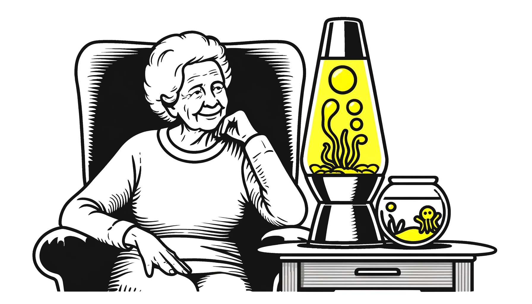 Eine ältere Frau sitzt bequem in einem Pflegeheim, fasziniert von einer Lavalampe mit gelbem Inhalt neben ihr. Im Hintergrund ist ein Fischglas sichtbar mit kleinen gelben Oktopussen darin. Ihr Ausdruck ist glücklich und gebannt von dem, was sie sieht