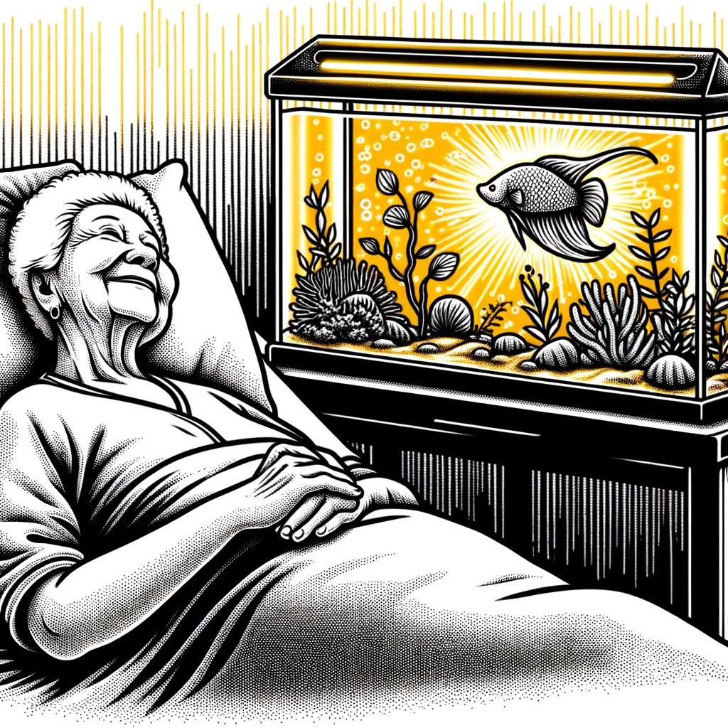 Oudere vrouw in laatste fase van dementie geniet van lichtgevend aquarium